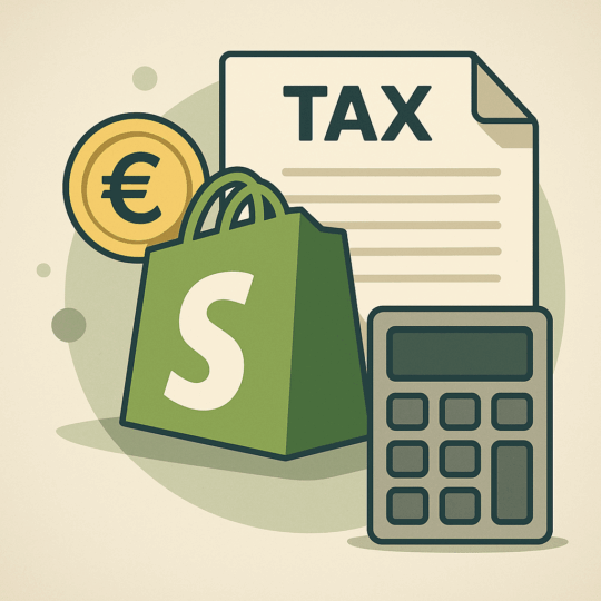 Blog | Target PRO Digital Marketing Agency | Target PRO Επαγγελματική απεικόνιση της ρύθμισης φόρων στο Shopify με το λογότυπο Shopify, σύμβολο ευρώ, φορολογικά έγγραφα και αριθμομηχανή σε ουδέτερο φόντο.
