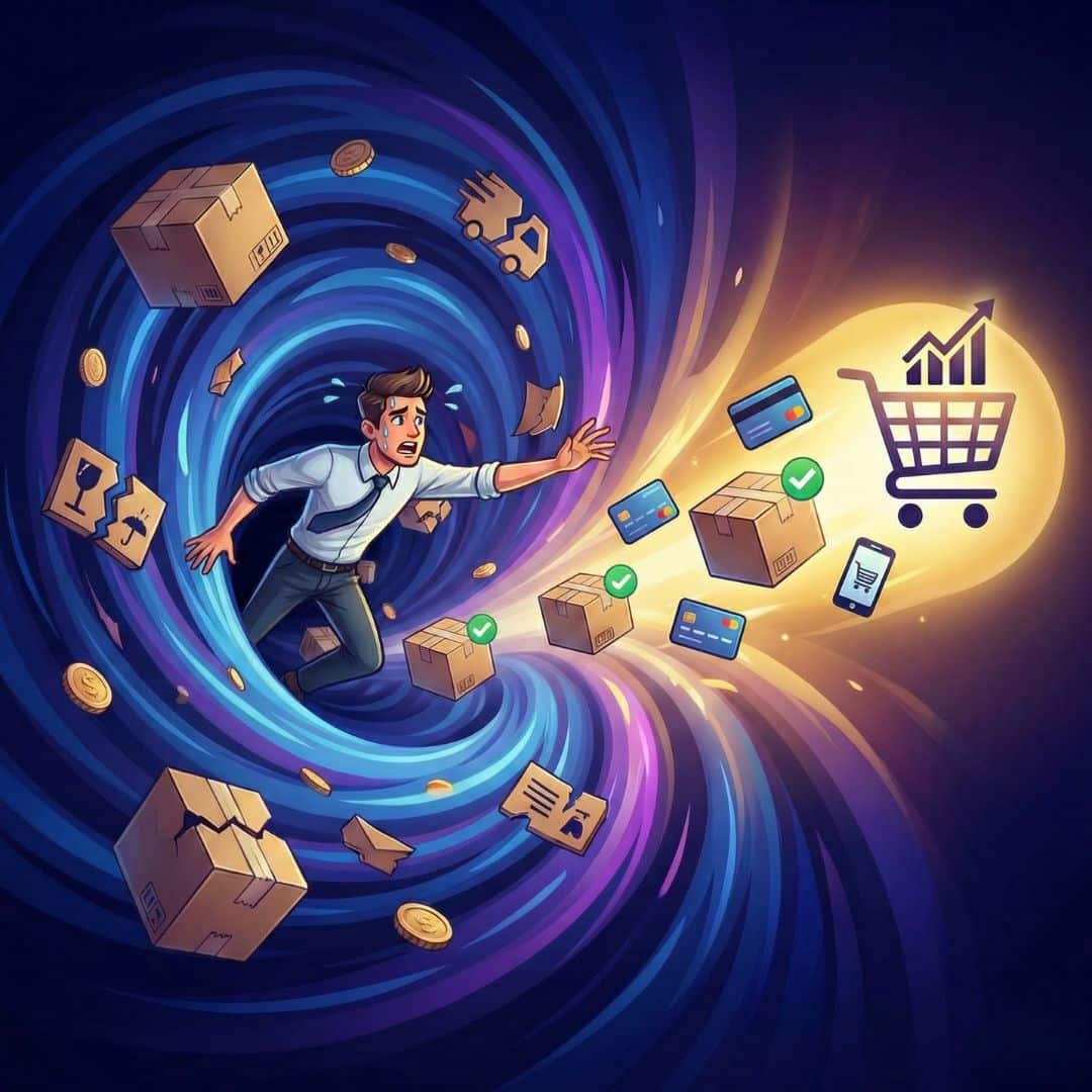 Εικονογράφηση επιχειρηματία e-shop που αντιμετωπίζει πρόβλημα με επιστροφές αντικαταβολής και τη λύση του automation της Target PRO