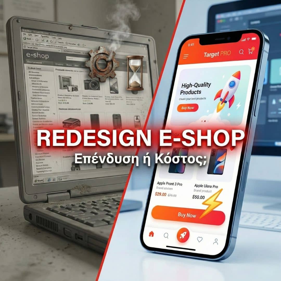 Infographic σύγκρισης για την ανακατασκευή E-shop. Αριστερά παλιό, αργό laptop με προβλήματα και δεξιά νέο, γρήγορο smartphone, με το ερώτημα "REDESIGN E-SHOP Επένδυση ή Κόστος;