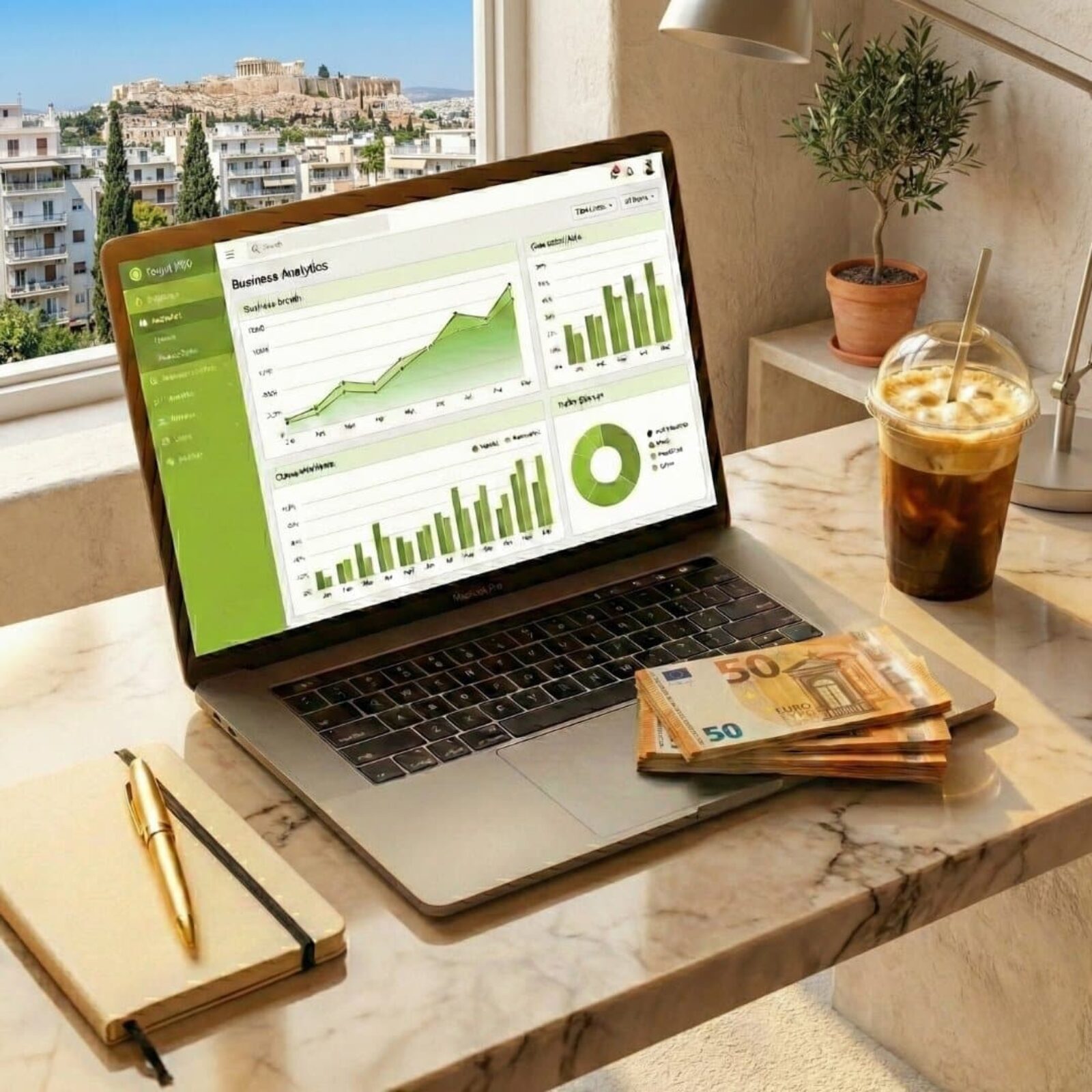 Laptop με γραφήματα πωλήσεων Shopify και θέα την Ακρόπολη, δίπλα σε freddo espresso και δεσμίδα με 50ευρα. Συμβολίζει την επιτυχημένη dropshipping επιχείρηση στην Ελλάδα.