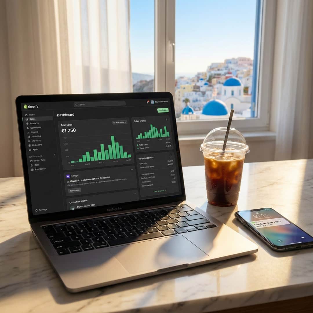 Laptop σε ελληνικό γραφείο με θέα θάλασσα που δείχνει Shopify Dashboard με κέρδη, δίπλα σε Freddo Espresso και κινητό με ειδοποίηση νέας παραγγελίας.