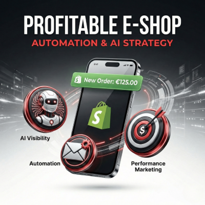 Infographic για Κερδοφόρο E-shop: Smartphone που δέχεται νέα παραγγελία Shopify, συνδεδεμένο με εργαλεία AI Visibility, Email Automation και Performance Marketing.