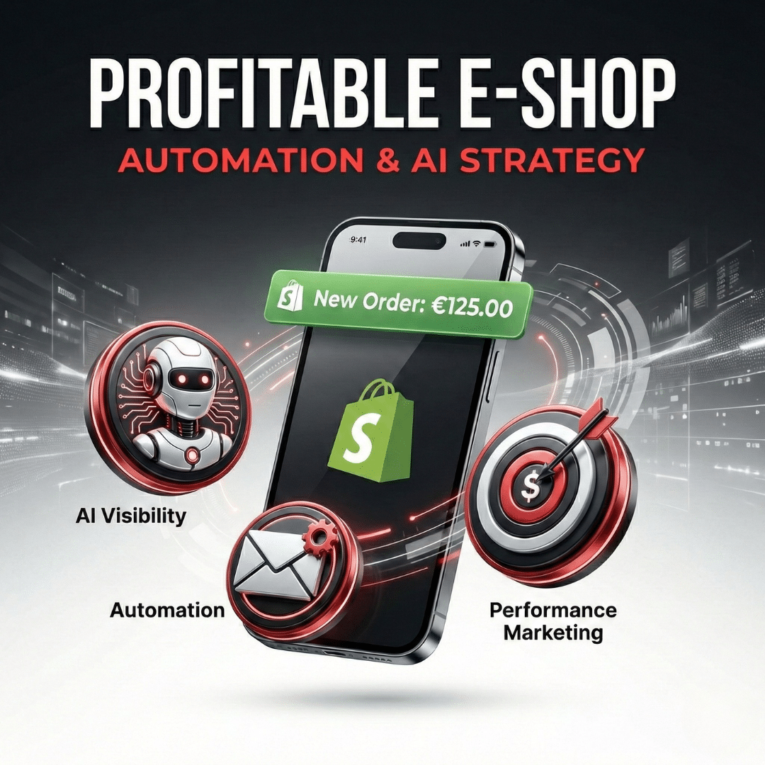 Infographic για Κερδοφόρο E-shop: Smartphone που δέχεται νέα παραγγελία Shopify, συνδεδεμένο με εργαλεία AI Visibility, Email Automation και Performance Marketing.