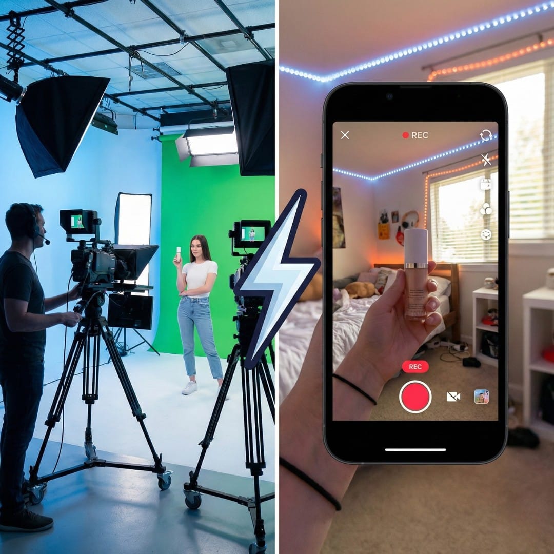 Σύγκριση επαγγελματικού στούντιο βίντεο με ερασιτεχνικό TikTok βίντεο από κινητό (UGC). Η νέα τάση στο Video Marketing το 2026.